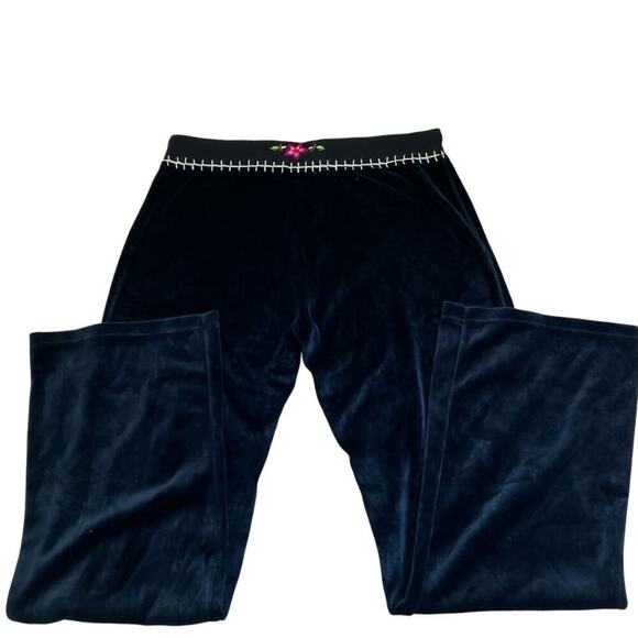 Donna Y2K Bootcut Velour Track Pants Embroidered Waistline Black Casual Sz L - Picture 14 of 16